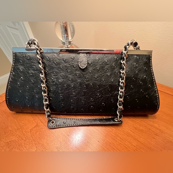 Handbags - Vintage Black Leather Ostrich Embossed Clutch Bag